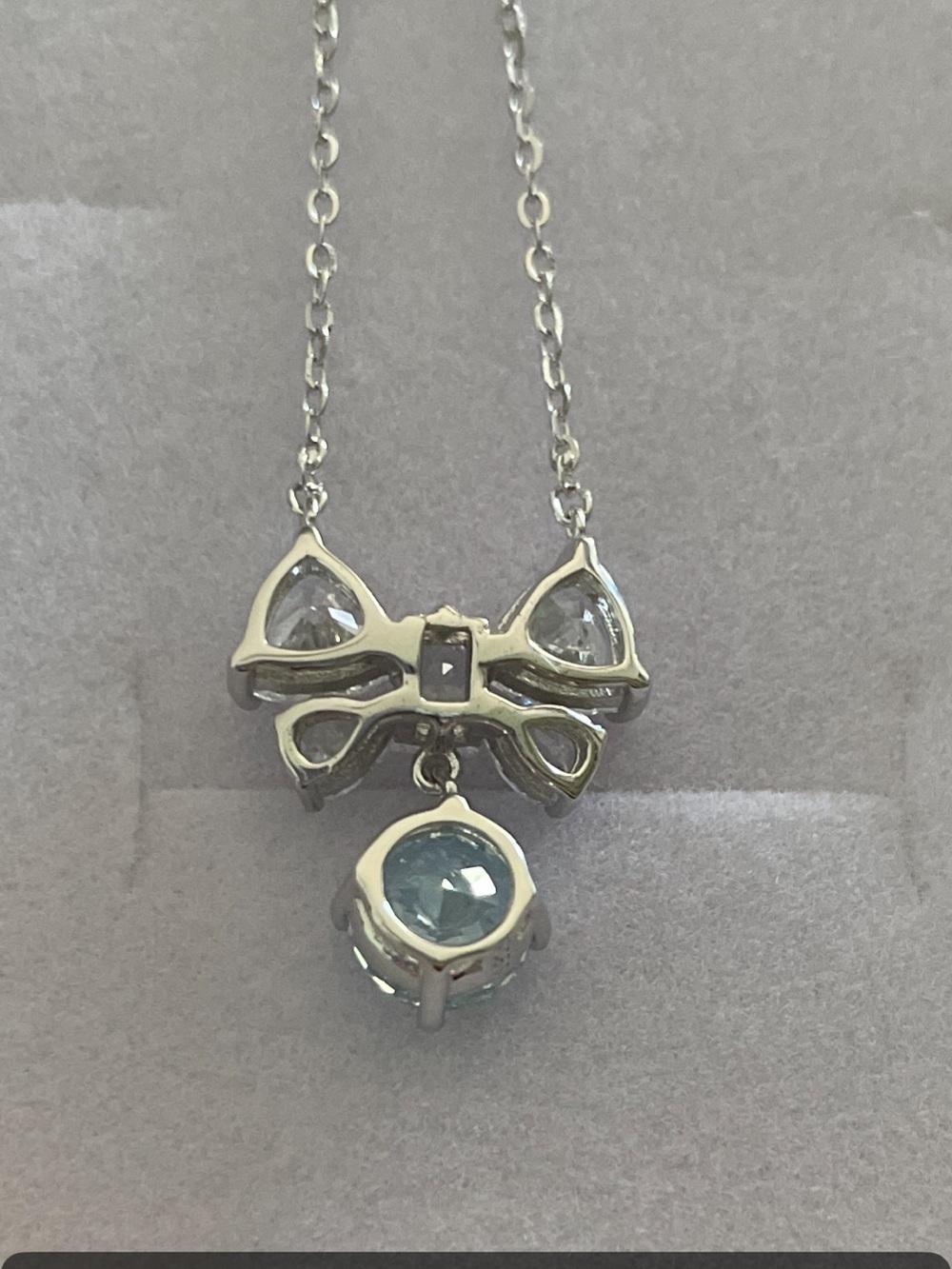 NIB Elegant Bow Pendant Necklace with Blue and Clear Stones.  18”. - Picture 4 of 5